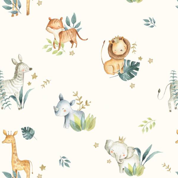 Imagem de Papel de Parede Animais Safari Infantil Aquarela Branca Decorativo Auto Adesivo quarto sala 3m