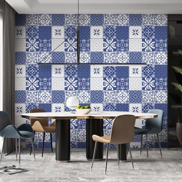 Imagem de Papel de Parede Autoadesivo Vinílico Reforma Azulejo Branco Azul Mosaico Patchwork Cozinha