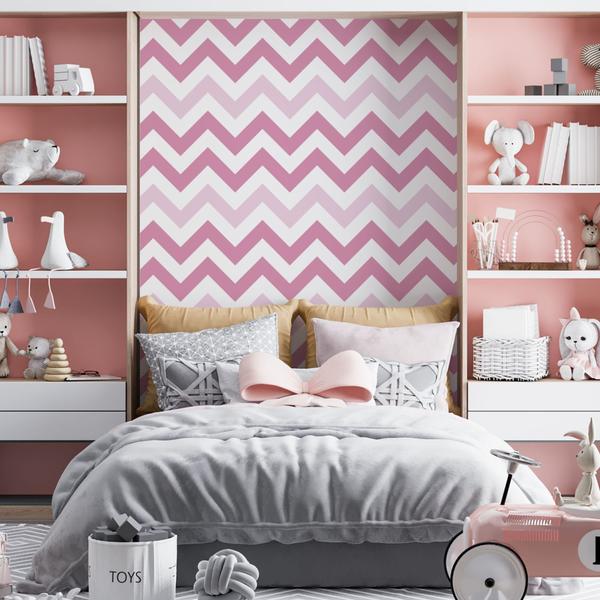 Imagem de Papel de Parede Autoadesivo Vinílico Reforma Chevron Rosa Branco Quarto Infantil Menina