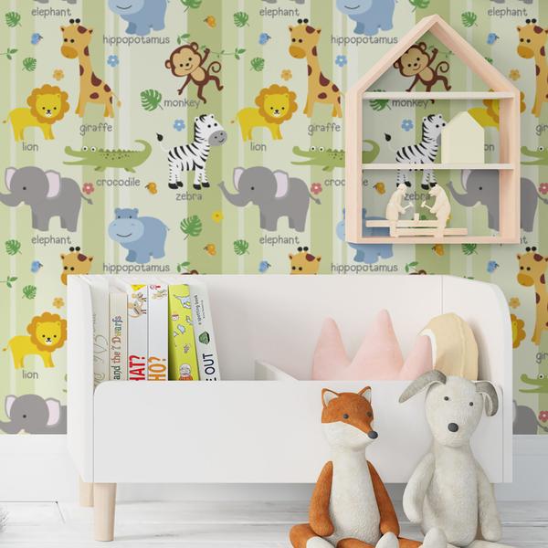 Imagem de Papel de Parede Autoadesivo Vinílico Reforma Safari Animais Quarto Infantil Maternidade Bebê Verde