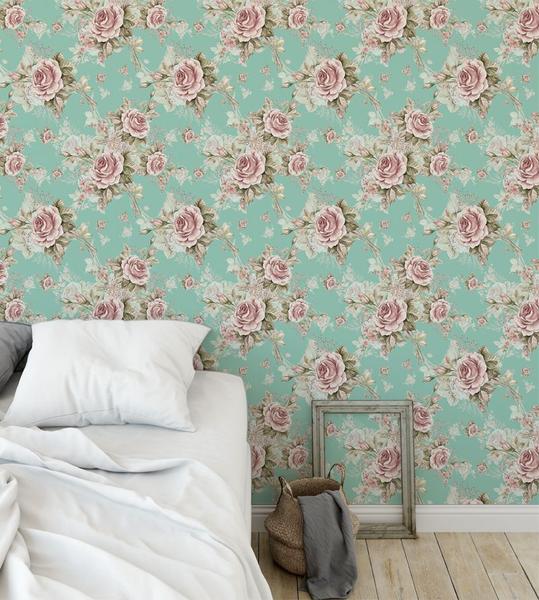 Imagem de Papel de Parede Autocolante romântico floral Rosa E Verde Com Fundo Azul turquesa 1 Metro