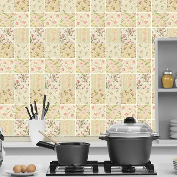 Imagem de Papel De Parede Azulejo Flores Autocolante Cozinha Banheiro