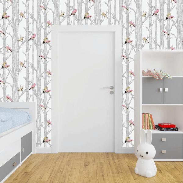 Imagem de Papel de Parede Branco Galhos com Aves - Rolo com 10 Metros  Decoração de Luxo Infantil