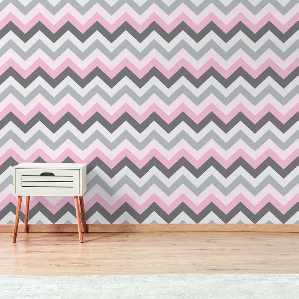 Imagem de Papel de Parede Chevron Rosa e Cinza 57x270cm