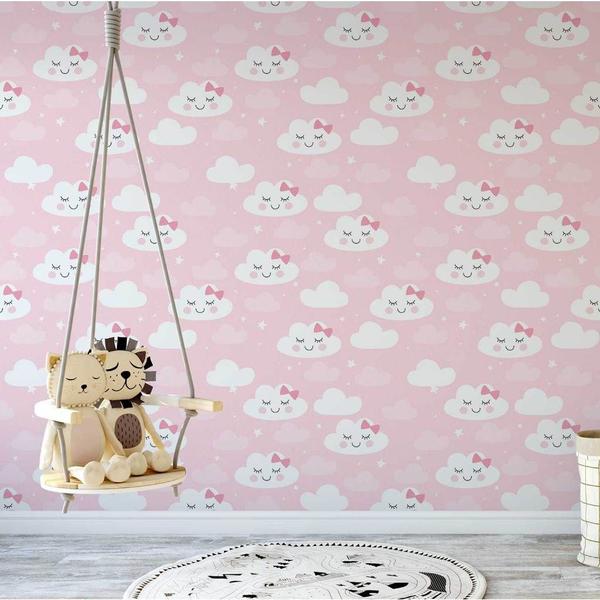 Imagem de Papel de Parede Decorativo Baby Cute Nuvens Brancas e Fundo Rosa Para Meninas 3,0m