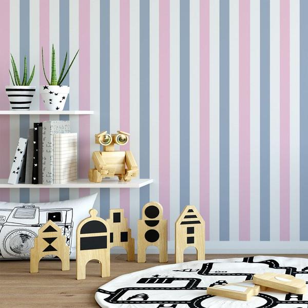 Imagem de Papel de Parede Decorativo Listrado Azul Bebê e Rosa 3,0m