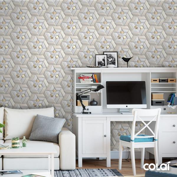 Imagem de Papel de Parede Efeito Gesso 3D Gold Cinza Geometrico 10m