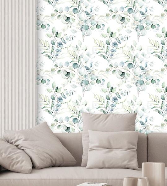 Imagem de Papel de Parede Floral 10 metros em Tons de Verde com Fundo Branco Ramos de Eucalipto para Sala Quarto