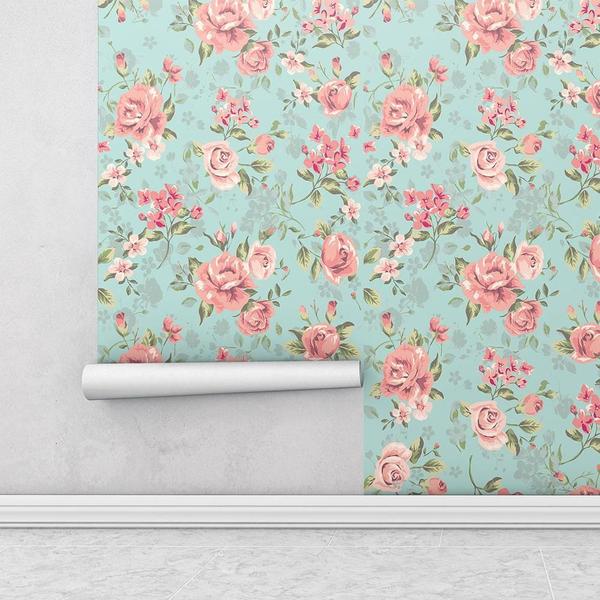 Imagem de Papel De Parede Floral Rosa Fundo Verde Com Laminação