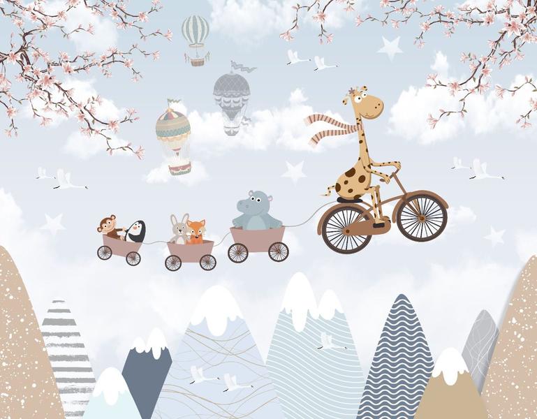 Imagem de Papel de Parede Foto Mural Infantil Zoo Girafa em Bicicleta e Balões para Sala Quarto Autocolante 150x250cm