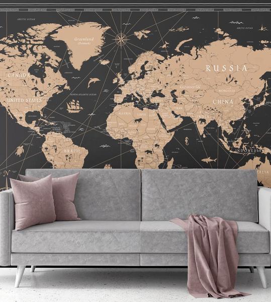 Imagem de Papel de Parede Foto Mural Mapa Mundi Vintage Black Autocolante 250x250cm