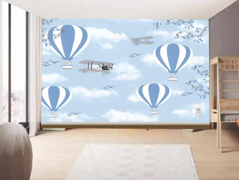 Imagem de Papel de Parede Infantil Balão e Avião fundo Azul  (folha med. 90x300 cm)