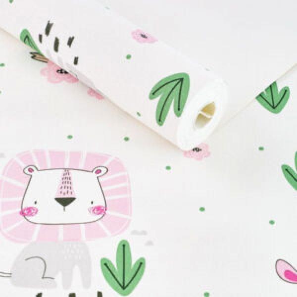 Imagem de Papel de Parede Infantil Branco Rosa e Verde com Bichinhos Rosa