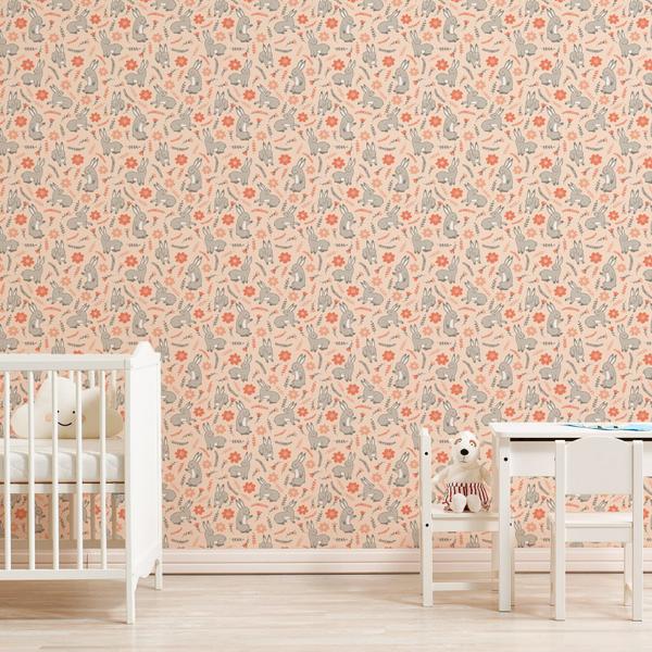 Imagem de Papel de Parede Infantil Coelho Cinza e Rosê Coral 57x270cm