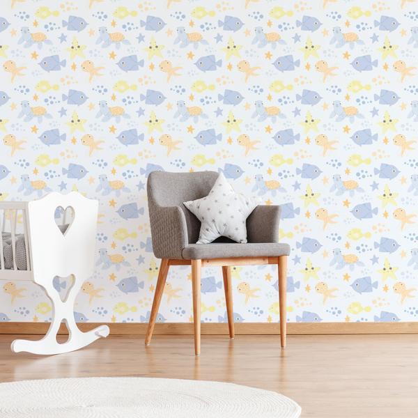 Imagem de Papel de Parede Infantil Fundo do Mar Azul Laranja 57x270cm