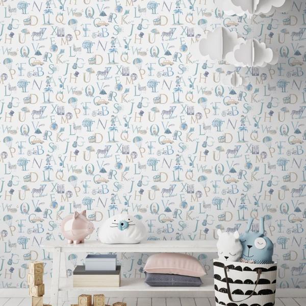 Imagem de Papel De Parede Infantil Ilustrado Little Ones LO2301 54209 - Branco/Azul - Rolo Fechado de 0,53cm x 10mts