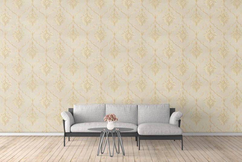 Imagem de Papel de Parede Lavável - Rolo com 10m x 53cm - Creme com Arabescos Dourados e Brilhos - LMS-PPH-121703