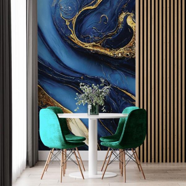 Imagem de Papel de Parede Painel 3D Mármore Azul com Dourado 2M Revestimento Pedra Requinte Auto Colante