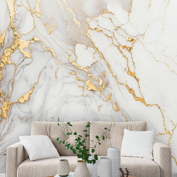 Imagem de Papel De Parede Painel 3D Mármore Branco Com Ouro 3M