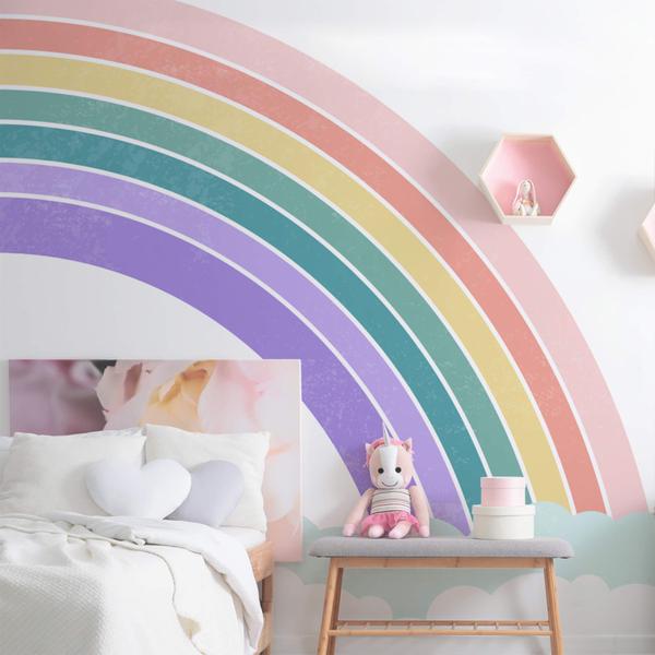 Imagem de Papel de Parede para Quarto de Menina Arco-íris e Nuvens 6m²