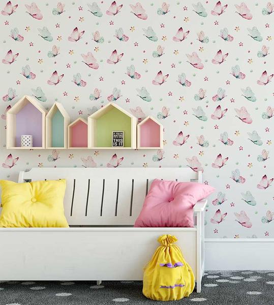 Imagem de Papel De parede Para Quarto Infantil Com Borboletas Em Tons aquarela De Rosa E Azul