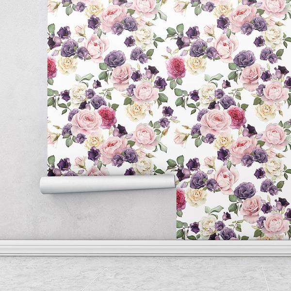 Imagem de Papel de parede Para Quartos E Sala floral Com Fundo Branco E Flores em Tons de Rosa E roxo 1 Metro