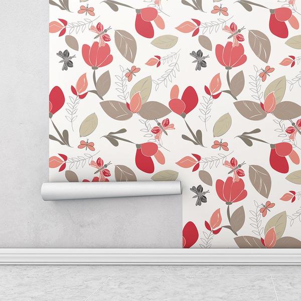 Imagem de Papel De parede Para Quartos E Sala floral Tons De Vermelho marrom Bege Nude E Cinza