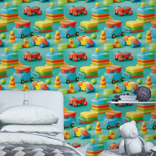 Imagem de Papel De Parede Quarto Bebê Carrinho Colorido Infantil 12M