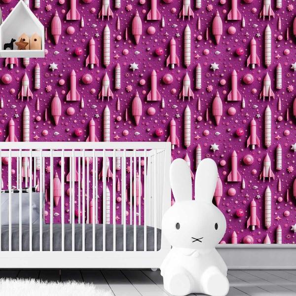 Imagem de Papel De Parede Quarto Menina Foguete Rosa Infantil 15M