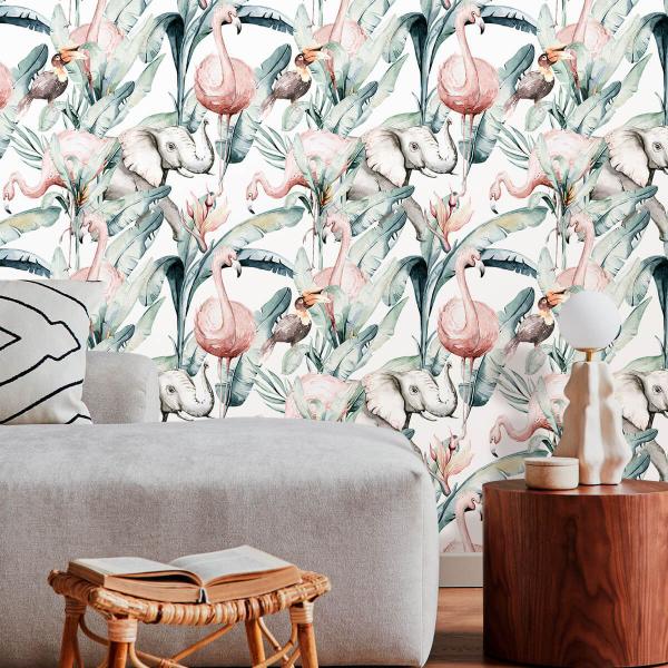 Imagem de Papel de Parede Tropical Flamingos Aquarela 250