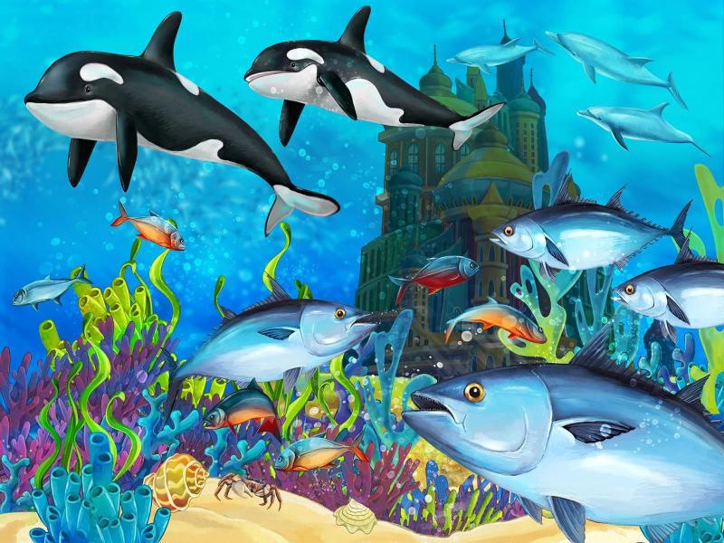 Imagem de Papel De Parede Vida Marinha Baleias Peixes 3D Fm99