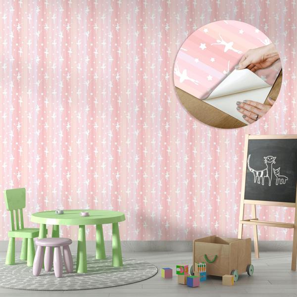 Imagem de Papel de Parede Vinílico Autoadesivo Lavável Bailarina Rosa Listrado Estrela Decoração Quarto Infantil Menina Maternidade Bebê