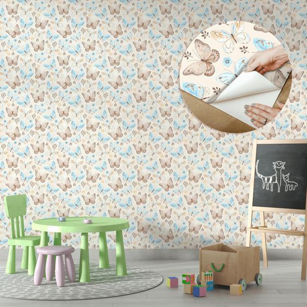 Imagem de Papel de Parede Vinílico Autoadesivo Lavável Borboletas Aquarela Bege Azul Delicado Decoração Quarto Infantil Jardim