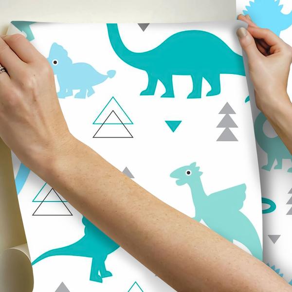 Imagem de Papel de Parede Vinílico Autoadesivo Lavável Dinossauro Azul Verde Menino Decoração Quarto Infantil