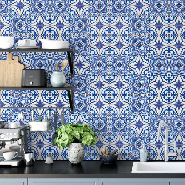 Imagem de Papel De Parede Vinílico Azulejo Português Azul e Branco Cozinha  2.5m