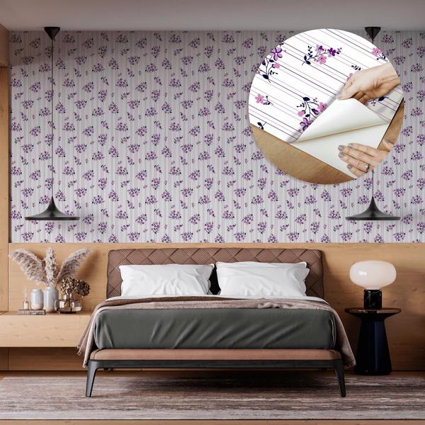 Imagem de Papel De Parede Vinílico Floral Lilás Com Listras Sala Quarto 10m