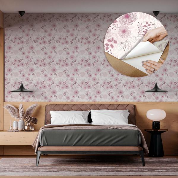 Imagem de Papel De Parede Vinílico Floral Rosa Linhas Sala Quarto 10m