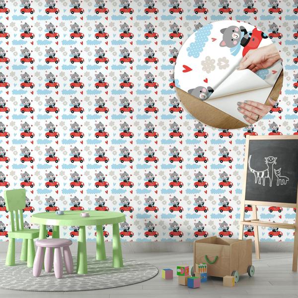 Imagem de Papel De Parede Vinílico Gato Carrinho Vermelho Quarto Infantil 10m