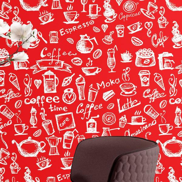 Imagem de Papel De Parede Vinílico Lavável Cozinha Gourmet Café Vermelho