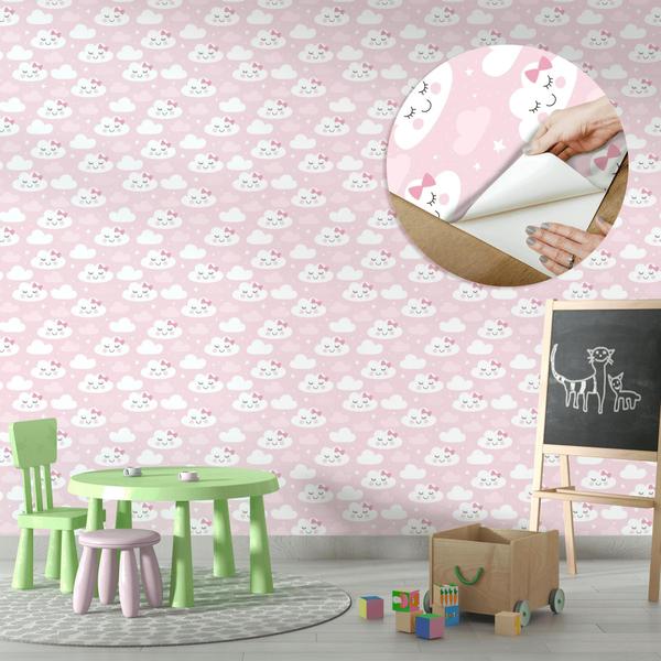 Imagem de Papel De Parede Vinílico Nuvem Feliz Rosa Infantil Quarto 10m