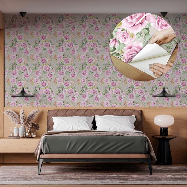 Imagem de Papel De Parede Vinílico Rosa Floral Clássico Quarto 5m