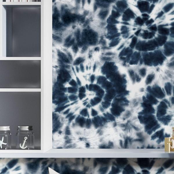 Imagem de Papel De Parede Vinílico Tie Dye Aquarela Azul E Branco Quarto Teen 5m