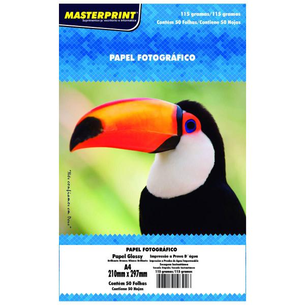 Imagem de Papel Fotográfico 115g A4 Glossy Branco Brilhante com 50 Folhas Masterprint 