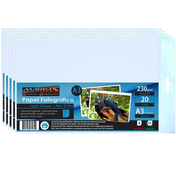 Imagem de Papel Fotográfico A3 230g Brilhante 297x420mm Marpax 100Fls