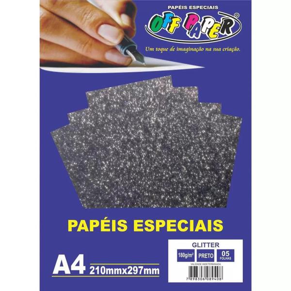 Imagem de Papel Glitter A4 180g Preto Off Paper - 5 Folhas