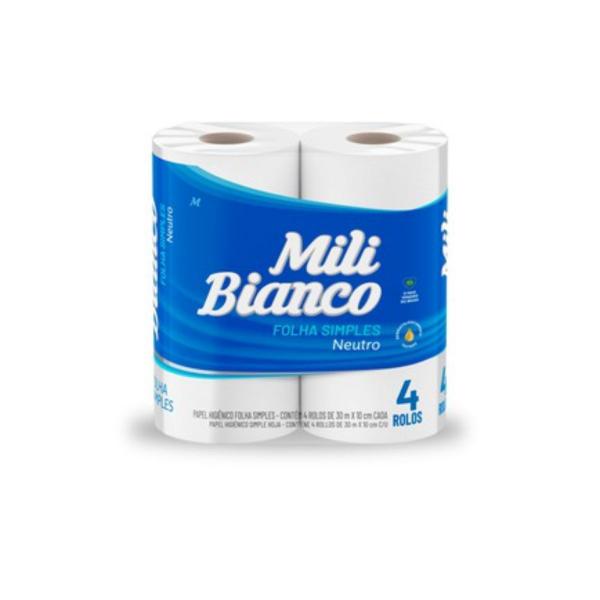 Imagem de Papel Higiênico Mili Bianco Folha Simples 30M C/4 Rolos Banheiro Lavabo Higiene Parede