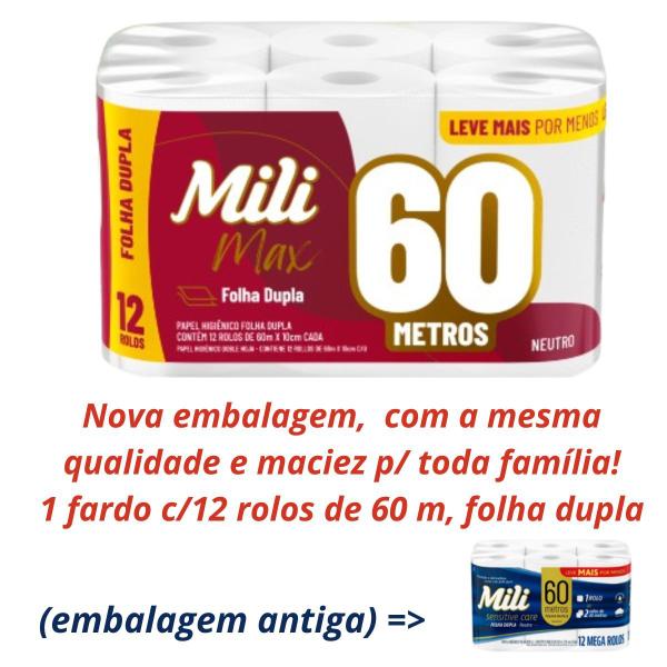 Imagem de Papel Higienico Mili Dual 60m- Folha dupla   Neutro  12 rolos