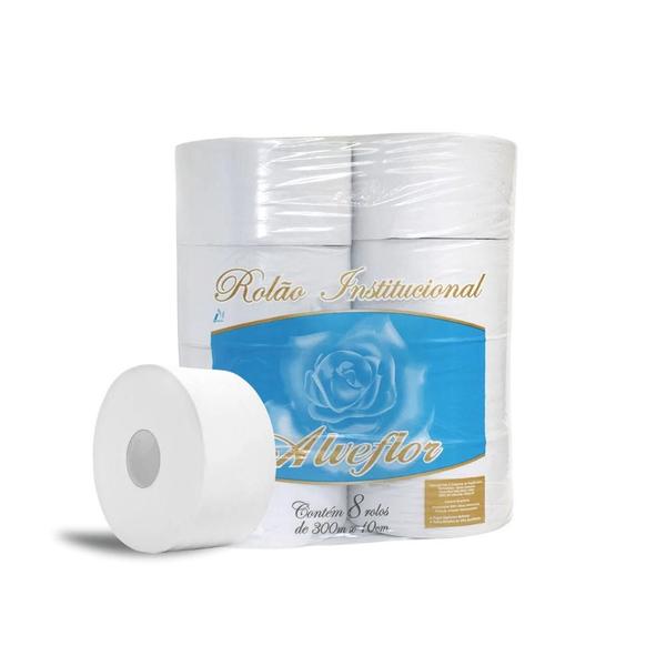 Imagem de Papel Higiênico Rolão Branco Folha simples Alveflor 8 rolos de 300 metros