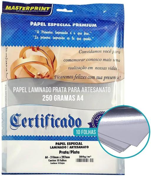 Imagem de Papel Laminado A4 250g Prata Lamicote Masterprint - 10 Folhas