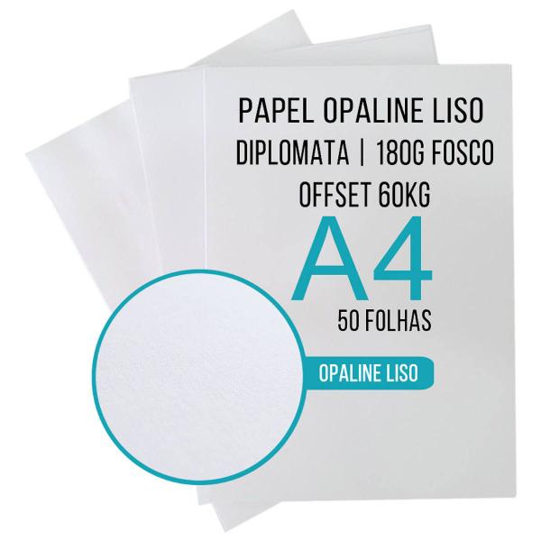 Imagem de Papel Opaline Offset A4 180g 60kg Diplomata Branco Liso Pacote com 50 folhas